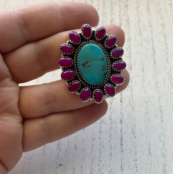 Handmade Pink Onyx & Turquoise Sterling Silver Adjustable Ring Signed Nizhoni