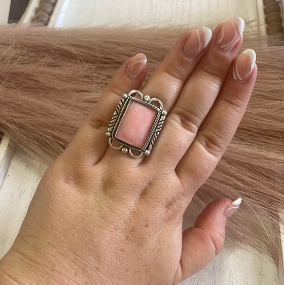 Gorgeous Navajo Pink Peruvian Opal And Sterling Silver Adjustable Ring