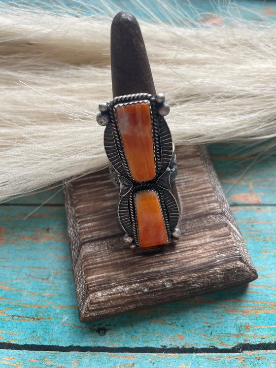 Kevin Billah Navajo Sterling & 2 Stone Orange Spiny Ring Adjustable