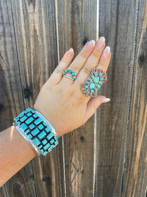 Beautiful Sterling Silver, Turquoise & Spiny Adjustable Ring