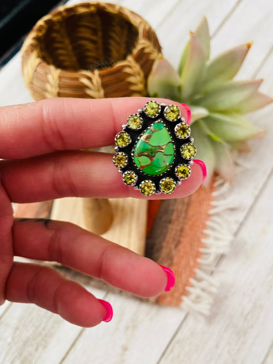 Handmade Sterling Silver, Gaspeite & Peridot Cluster Adjustable Ring