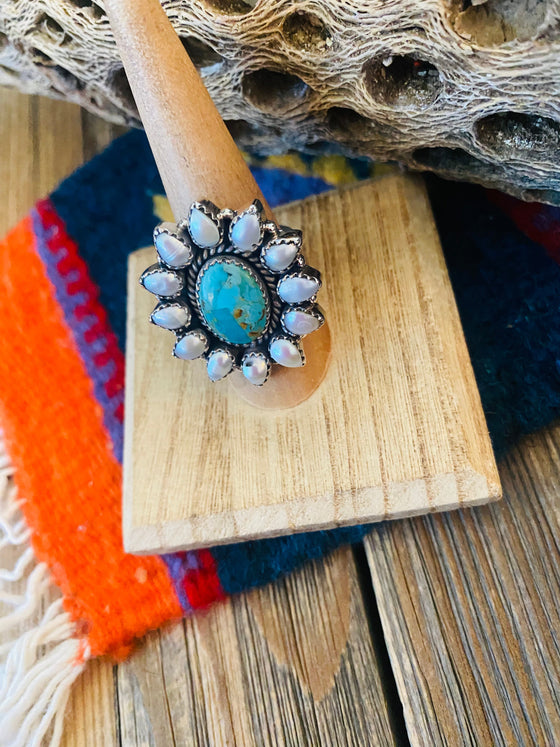 Handmade Sterling Silver, Turquoise & Pearl Adjustable Ring