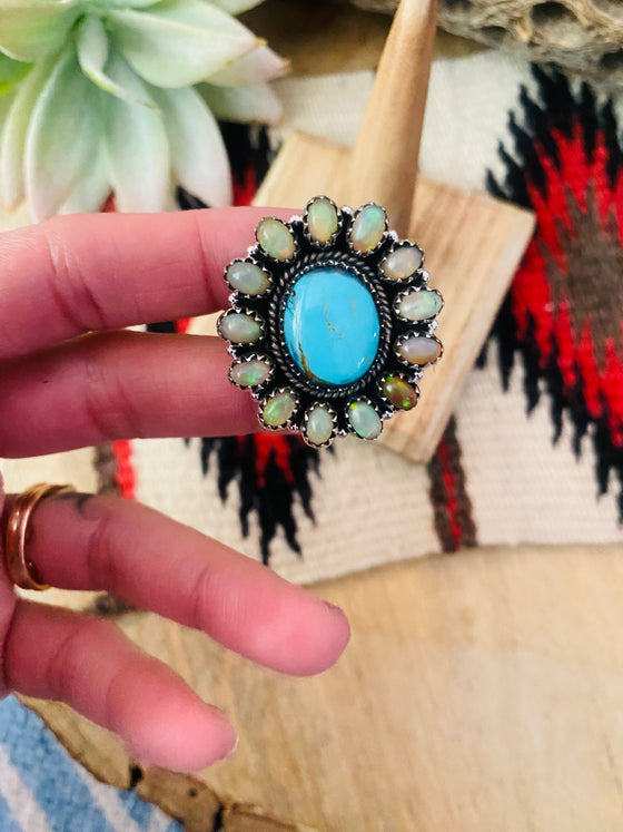 Handmade Sterling Silver, Turquoise & Opal Cluster Adjustable Ring