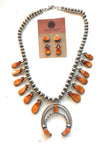 Navajo Orange Spiny And Sterling Silver Squash Blossom Necklace & Earrings Set By Selena Warner