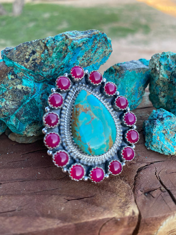 Handmade Royston Turquoise & Pink Onyx Adjustable Ring