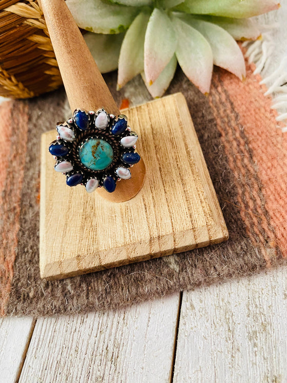 Handmade Sterling Silver & Multi Stone Cluster Adjustable Ring