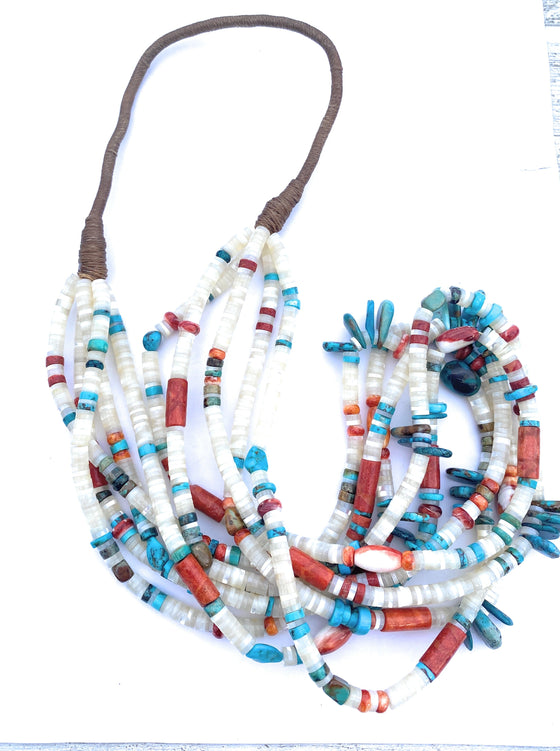 Navajo Mother of Pearl, Turquoise and Spiny Five Strand Beaded Necklace