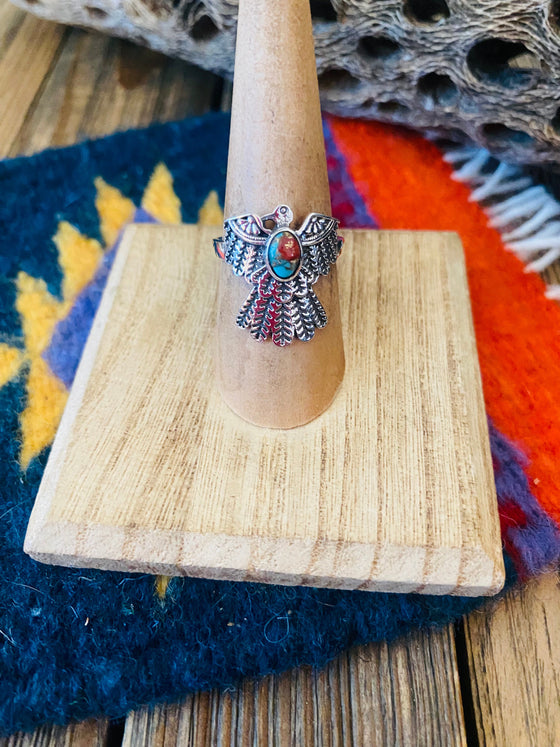 Handmade Pink Dream Mojave And Sterling Silver Thunderbird Adjustable Ring