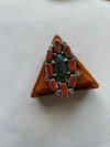 Navajo Coral, Turquoise & Sterling Silver Cluster Ring Size 9 Signed