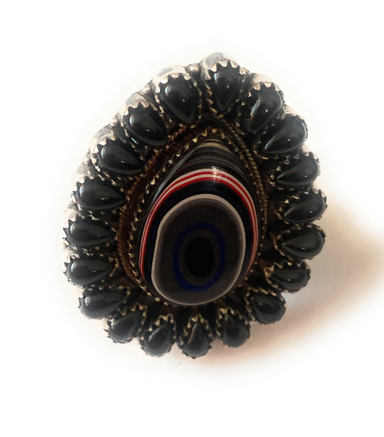 Handmade Sterling Silver, Fordite & Onyx Cluster Adjustable Ring