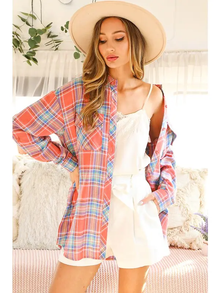  Collared Neck Button Down Plaid Shirt