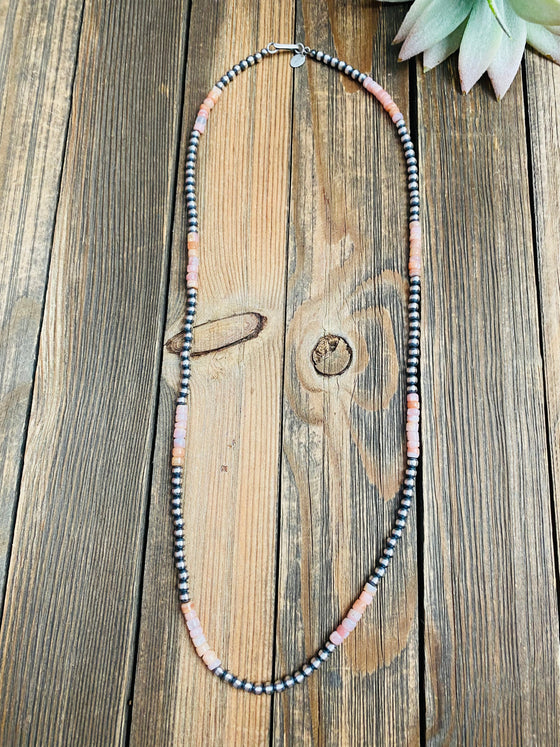 Sterling Silver Navajo Pearl & Pink Opal Beaded Necklace 24 inch