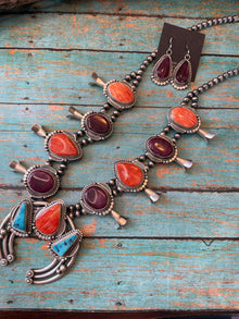  Navajo Multi Stone And Sterling Silver Squash Blossom Necklace Earrings Set By Tom Lewis