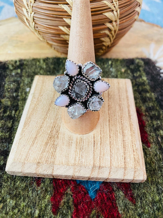 Handmade Sterling Silver, Herkimer Diamond & Queen Pink Conch She’ll Cluster Adjustable Ring