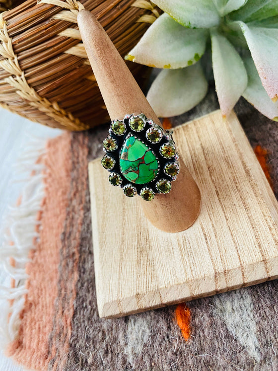 Handmade Sterling Silver, Gaspeite & Peridot Cluster Adjustable Ring