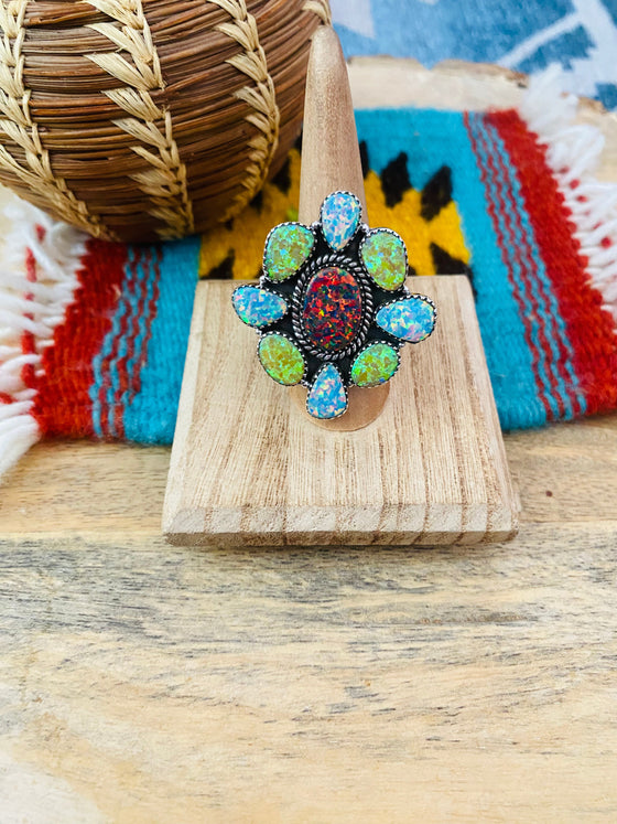 Handmade Sterling Silver & Opal Cluster Adjustable Ring