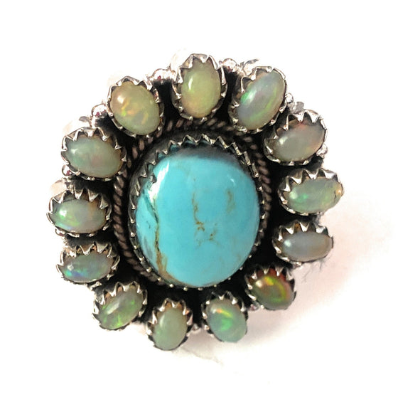 Handmade Sterling Silver, Turquoise & Opal Cluster Adjustable Ring