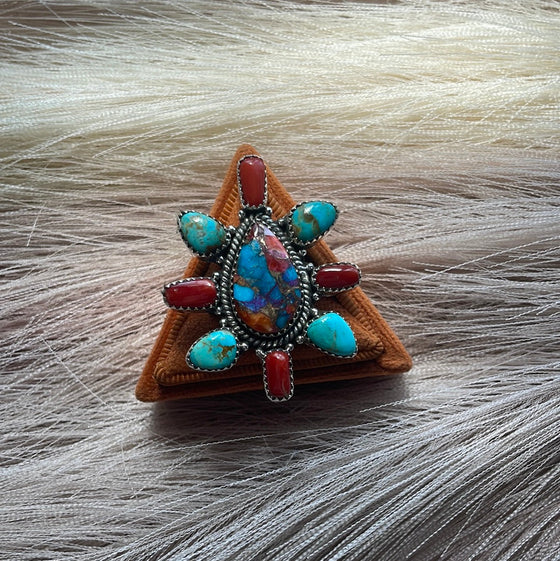 Handmade Sterling Silver, Turquoise, Coral & Blue Mojave Adjustable Ring Signed Nizhoni