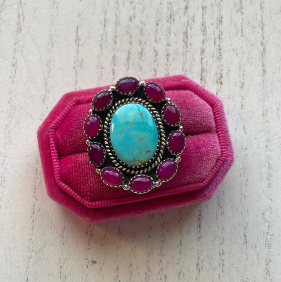 Handmade Pink Onyx & Turquoise Sterling Silver Adjustable Ring Signed Nizhoni