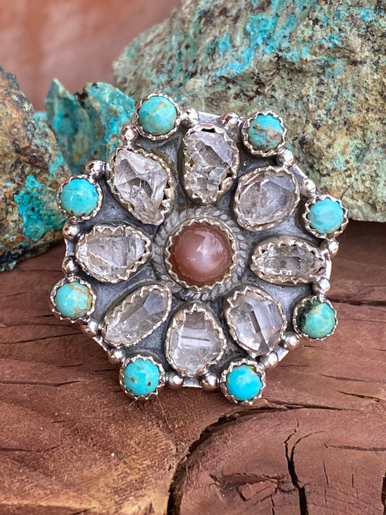 Handmade Garnet Sterling Silver, Turquoise & Herkimer Diamond Cluster Adjustable Ring