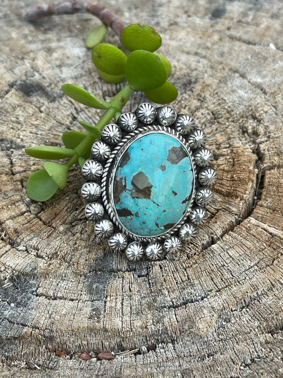 Navajo Sterling Cluster Silver Turquoise Oval Ring Sz 8