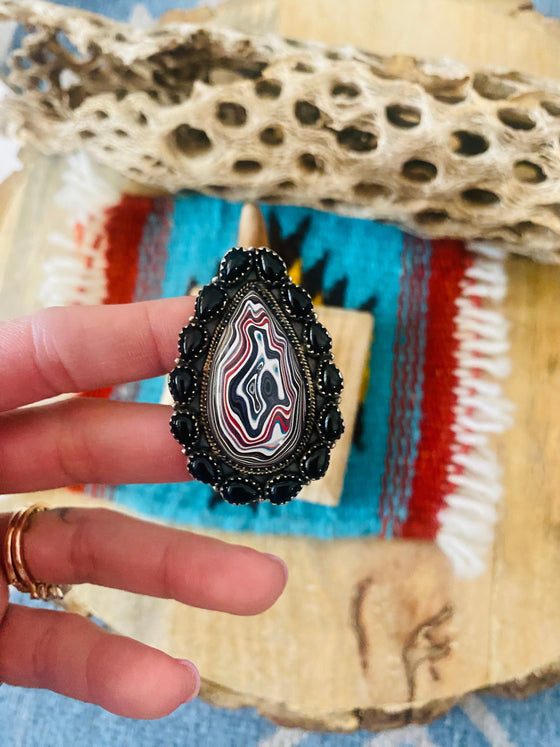 Handmade Sterling Silver, Fordite & Onyx Cluster Adjustable Ring