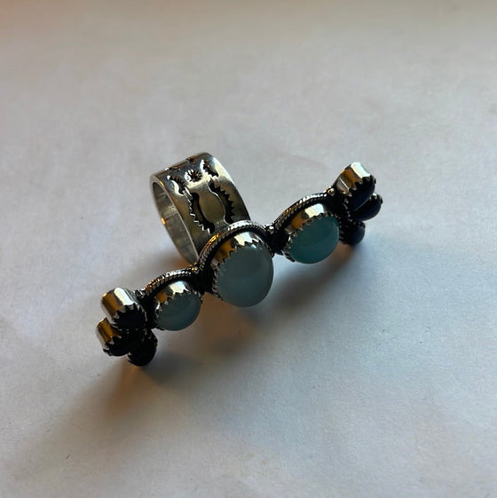 Handmade Sterling Silver, Onyx & Aqua Calcedony Adjustable Ring Signed Nizhoni