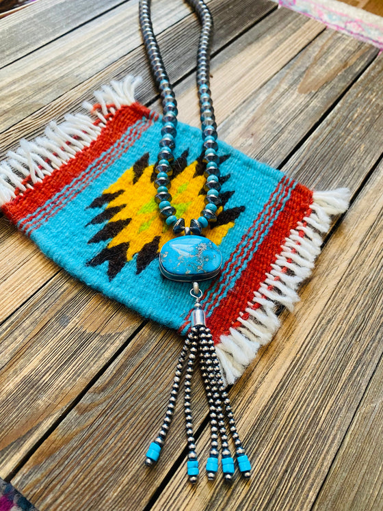 Navajo Turquoise & Sterling Silver Pearl Beaded Tassel Necklace