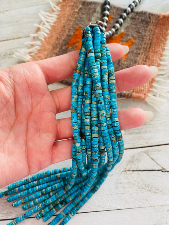 Navajo Turquoise & Sterling Silver Pearl Beaded Tassel Necklace