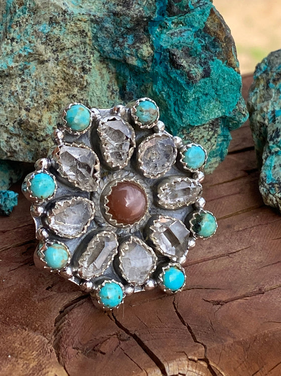 Handmade Garnet Sterling Silver, Turquoise & Herkimer Diamond Cluster Adjustable Ring