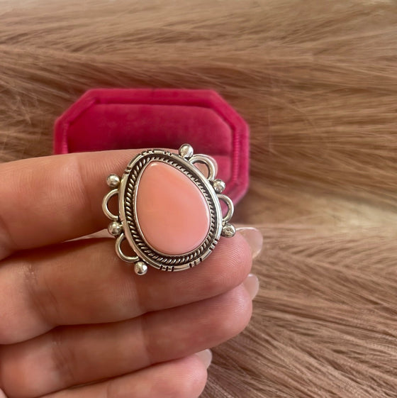 Gorgeous Navajo Pink Peruvian Opal And Sterling Silver Adjustable Ring