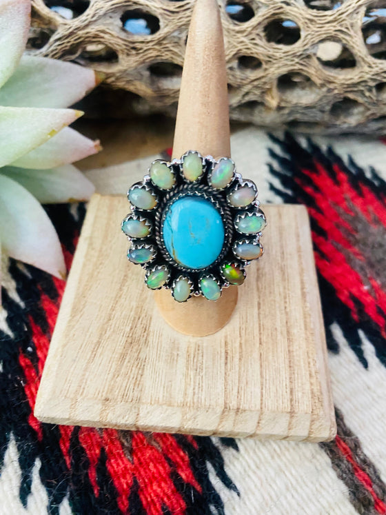 Handmade Sterling Silver, Turquoise & Opal Cluster Adjustable Ring