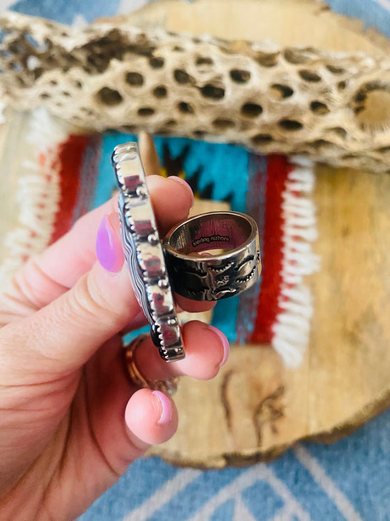 Handmade Sterling Silver, Fordite & Onyx Cluster Adjustable Ring