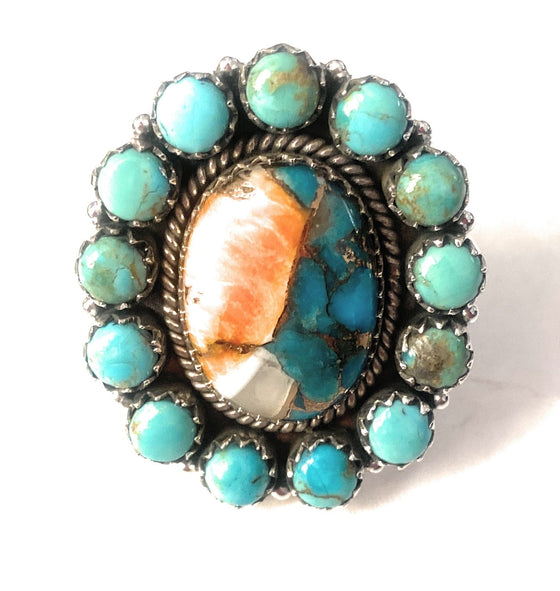 Handmade Sterling Silver, Spice & Turquoise Cluster Adjustable Ring