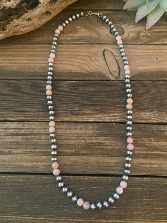 Navajo Sterling Silver Pearl & Pink Opal Beaded Necklace 20 inch