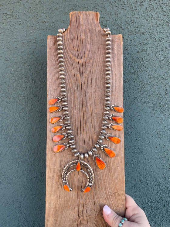 Navajo Orange Spiny And Sterling Silver Squash Blossom Necklace & Earrings Set By Selena Warner