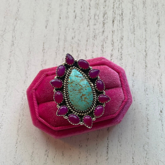 Handmade Pink Onyx & Turquoise Sterling Silver Adjustable Ring Signed Nizhoni