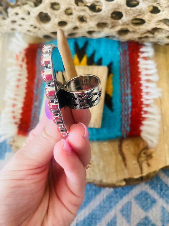 Handmade Sterling Silver, Fordite & Coral Cluster Adjustable Ring