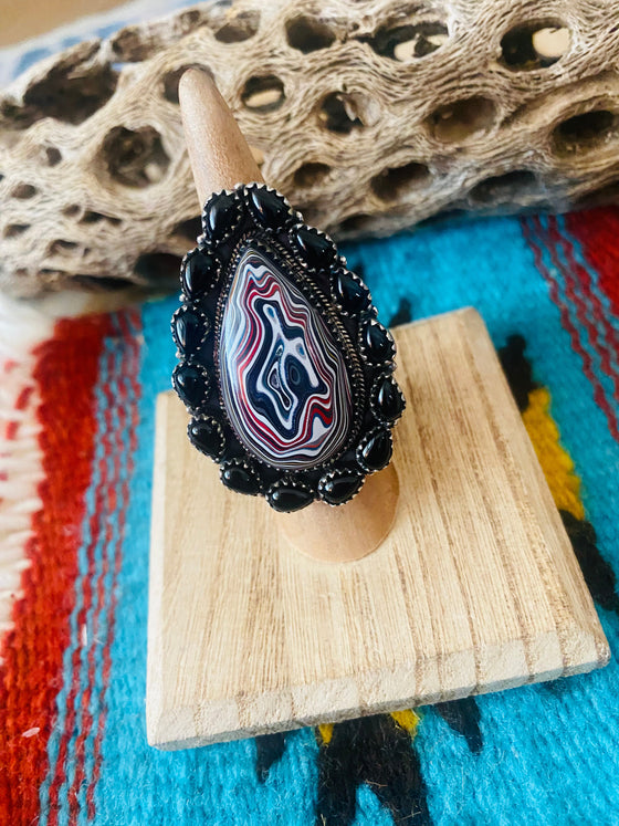 Handmade Sterling Silver, Fordite & Onyx Cluster Adjustable Ring