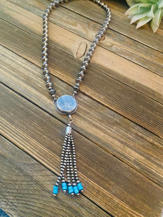 Navajo Turquoise & Sterling Silver Pearl Beaded Coin Tassel Necklace