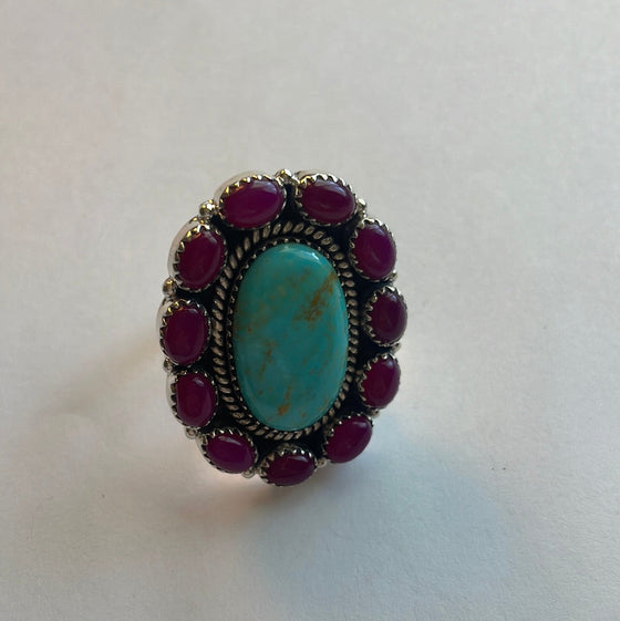 Handmade Pink Onyx & Turquoise Sterling Silver Adjustable Ring Signed Nizhoni